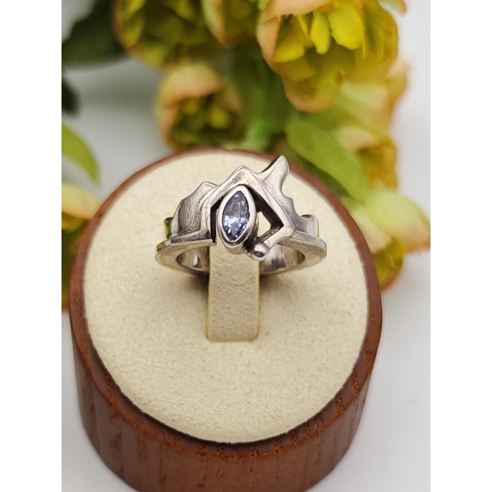Abstract Mountain Artisan Ring Faceted Sapphire Silver Size 5.5 Nature Jewelry